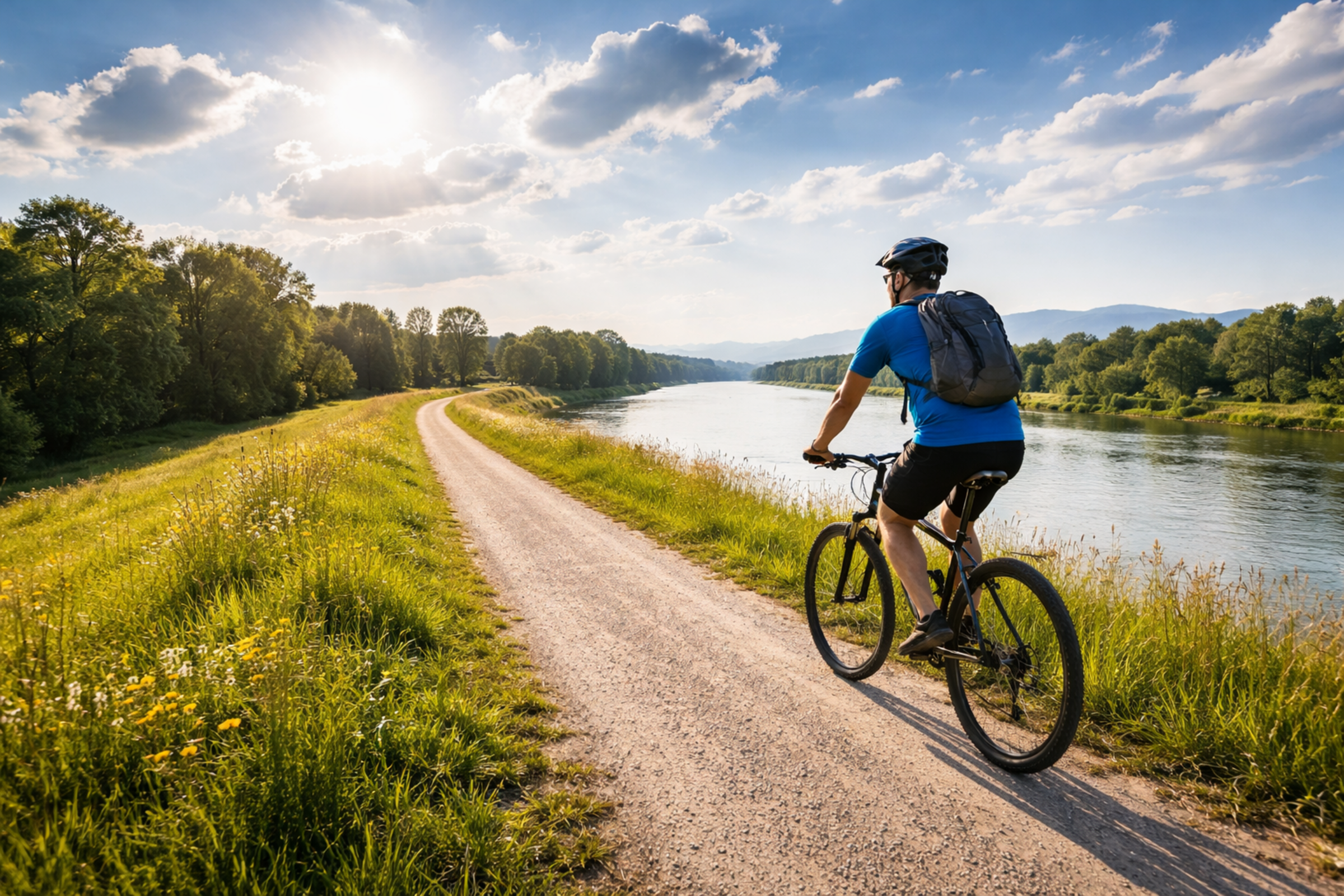 Fahrradfahrer auf Rheindamm